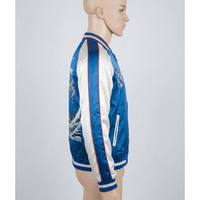 Veste de baseball Sukajan en satin bleu, style japonais, broderie vintage, patchwork, toile, streetwear, Mont Fuji, Grande Vague, Ukiyo-e