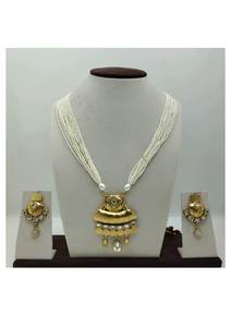 Elegant 925 Silver <b>Pearl</b> Beaded <b>Necklace</b> <b>Set</b> Gold Plated Traditional Pendant and Matching Stud Earrings Wedding Festive Wear - Product Image 2