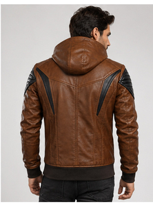 Brown Leather Breathable Summer Hooded Motorcycle <b>Jacket</b> <b>for</b> <b>Men</b> Black Quilted Biker Style Zip Front Casual Outerwear - Product Image 2