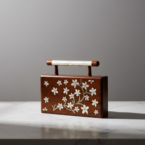 Bolso de mano de madera hecho a mano de la mejor calidad con diseño floral incrustado, regalo decorativo moderno para recuerdos de boda y fiestas nupciales - Product Image 1