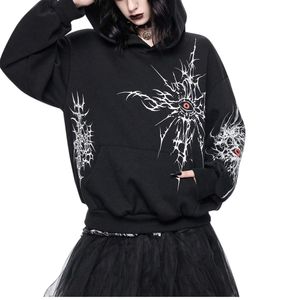 Sweat à capuche unisexe noir personnalisé, coupe oversize, avec motif œil rouge, en molleton épais, style gothique cyber streetwear - Product Image 4