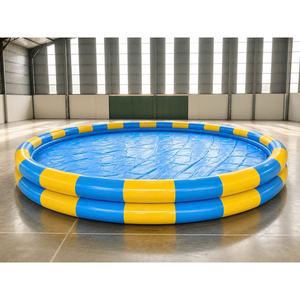 Piscine familiale gonflable en PVC ronde bleue et jaune à rayures, étanche, portable, avec couverture, pour usage domestique et commercial, épaisseur 0,9 mm, 220 V - Product Image 1