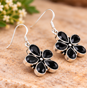 Pendientes Colgantes de Flor de Ónix Negro para Mujer, Elegantes con Gema en Forma de Lágrima, Joyería de Plata Esterlina, Proveedor Mayorista - Product Image 3