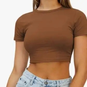 Women's Olive Green Cropped T-Shirt Crew Neck Short Sleeve Solid Color Casual Knitted Slim Fit Spring Summer - Product Image 3