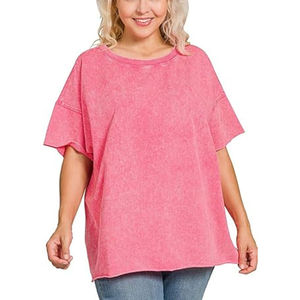 Camiseta con efecto acid wash para mujer al por mayor, camiseta de algodón transpirable de alta calidad con efecto acid wash para mujer, camiseta personalizada con efecto acid wash para mujer - Product Image 3