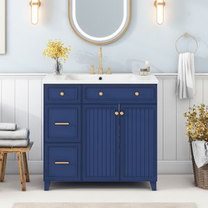 Mobile Bagno Stile Transizionale da 36 Pollici con Lavabo in Resina, Mobiletto Singolo con 2 Cassetti e 1 Ripiano Regolabile - Product Image 1