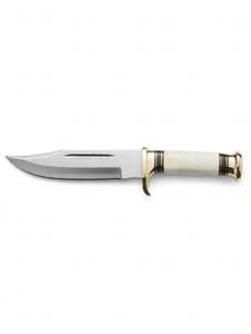Cuchillo de camping de hoja satinada con punta de clip de primera calidad, herramienta utilitaria de alta resistencia con mango de hueso con ranura Fuller y guardacuchillo de latón. - Product Image 1