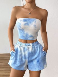 <b>Sexy</b> 2 Piece <b>Set</b> Women Summer Clothing Tie Dye Bandeau Crop Top and Elastic Waist Shorts <b>Set</b> Streetwear Lounge Wear OEM - Product Image 1
