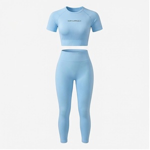 North Approach 2 Piece Yoga Set Light <b>Blue</b> Crop Top Full Length <b>Leggings</b> Seamless Breathable <b>Women's</b> Sportswear - Product Image 1