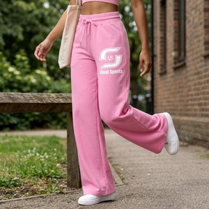 Pink Wide Leg Fleece Sweatpants Women High Waist Drawstring Loose Fit Casual Full Length Solid Color Embroidery Logo Sportwear - Product Image 6