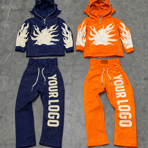Ensemble de survêtement à capuche pour enfants, motif flamme, bleu marine et orange, 2 pièces, sweat-shirt à capuche et pantalon de jogging, tenue personnalisable avec logo, ensembles streetwear - Product Image 1