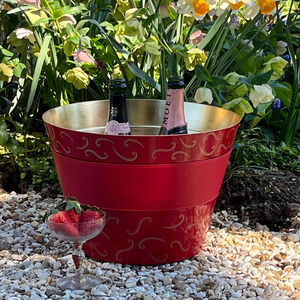 Elegant Red Curved Design Patterned Galvanized Steel Wine <b>Ice</b> Bucket With Gold Interior Premium Party Beverage Tub Supply - Product Image 6