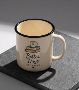 Custom Camp Mug Inspirational Reading Design Bookworm Quote Off White Enamelware <b>Black</b> <b>Edge</b> Bulk B2B Manufacturer Sourcing Hub - Product Image 2
