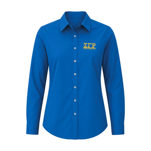 Chemise boutonnée bleu roi pour femme avec broderie de lettres grecques jaune doré, manches longues, col rabattu, chemisier décontracté et formel - Product Image 3