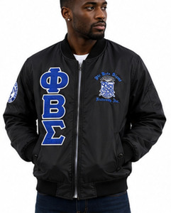 เสื้อแจ็คเก็ตบอมเบอร์กันน้ำสำหรับฤดูหนาว สีดำ ยูนิเซ็กซ์ ยี่ห้อ Phi Beta Sigma ผลิตจากโพลีเอสเตอร์ 100% น้ำหนัก 220 กรัม ปักอักษรกรีก กันลม ซิปด้านหน้า - Product Image 1