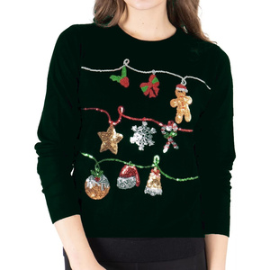 Women Green Christmas Festive Sequin Pullover Long Sleeve Crewneck Knit Holiday Party <b>Sweatshirt</b> Top - Product Image 1