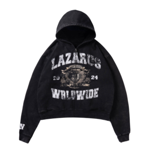 Sudadera con capucha negra con cremallera para hombre, estilo oversize, streetwear, con estampado gráfico de letras y efecto lavado, logotipo personalizado, OEM ODM - Product Image 1