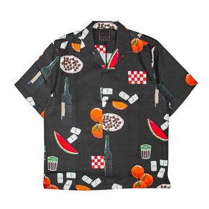 Men's Black Short Sleeve Printed Casual <b>TShirt</b> With Fruit And Dice Pattern Regular Fit Woven Polyester - Product Image 1