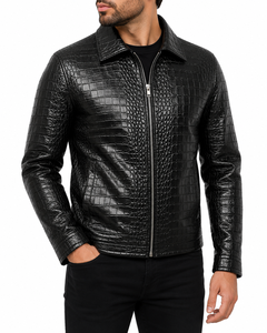 Dumela Men's Black Leather Jacket <b>Canvas</b> <b>Plain</b> Dyed Motor Biker Style Stand Collar Zipper Closure Slim Fit Solid - Product Image 4