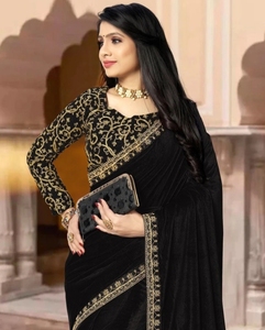 KV Black and Gold Velvet <b>Saree</b> with Embroidered <b>Blouse</b> - Product Image 1