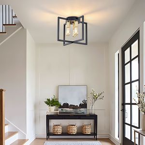 Lampadario a 3 Luci Semi-Incasso Nero e Oro con Paralume Geometrico in Metallo, Stile Industriale Rustico, Luce da Soffitto 6000K AC - Product Image 3