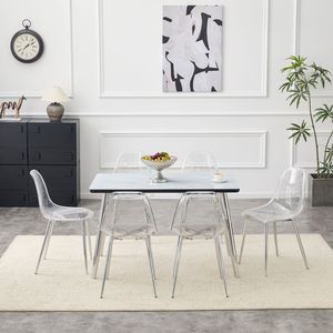 Set da Pranzo con Texture Imitazione Marmo Bianco, Piano in Vetro, Base in MDF Nero, Gambe Affusolate in Metallo Argento, Tavolo e Sedie Incluse - Product Image 3