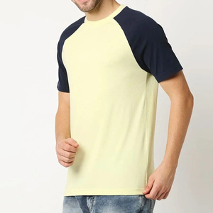 Camiseta de Manga Raglán para Hombre, Amarillo Claro, Azul Marino, Cuello Redondo, Corte Regular, Informal, de Jersey de Algodón Transpirable, Color Sólido, Manga Corta - Product Image 4