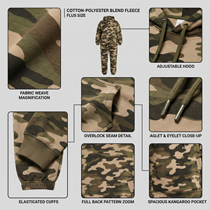 Ensemble de survêtement à capuche imprimé camouflage, écologique et respirant, en molleton bouclette, style safari, pantalon de jogging pour femme, grandes tailles - Product Image 6