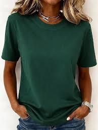 T-shirt décontracté vert uni pour femme, col rond, manches courtes, en velours tricoté avec décoration plumes, coupe décontractée, léger et écologique - Product Image 2