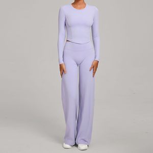 Conjunto de Yoga de Manga Larga de 2 Piezas, Top Corto para Gimnasio, Pantalones de Cintura Alta con Corte Acampanado, Leggings Transpirables, Conjunto Deportivo para Gimnasio, Ropa Deportiva - Product Image 3