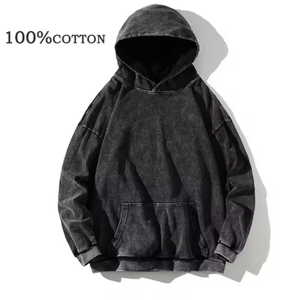 Unisex <b>Washed</b> Cotton Hoodie Oversized Casual Long Sleeve Solid Color Pullover Sweatshirt with Drawstring and Side Pockets - Product Image 1