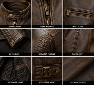Veste moto en cuir d'agneau véritable marron pour homme, imperméable, respirante, col rond, coupe classique, style hiver, logo sur le devant - Product Image 5
