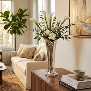 Jarrón de latón hecho a mano de 32 cm con acabado pulido espejo, diseño de lirio de cala plateado, para decoración del hogar, centros de mesa para hoteles y bodas - Product Image 2