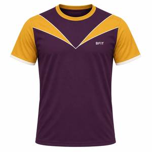 Camiseta Deportiva de Manga Corta Estampada para Hombre, con Bloques de Color Geométricos Dorados, Cuello Redondo, Secado Rápido, Ecológica, Transpirable, 100% - Product Image 1