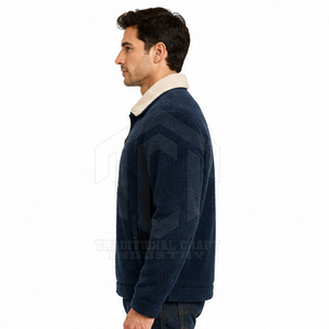Custom <b>Mens</b> <b>Navy</b> Blue Sherpa Jacket Cream Turn Down Collar Full Zip <b>Fleece</b> Outerwear with Chest Zipper Pocket - Product Image 5