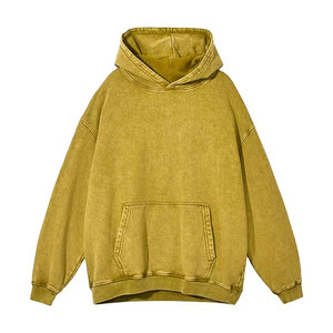 เสื้อฮู้ดดี้สีเหลืองมัสตาร์ดแบบย้อมสีสไตล์วินเทจทรงโอเวอร์ไซส์สำหรับผู้ชาย แขนเสื้อแบบดรอปโชว์เดอร์ มีกระเป๋าจิงโจ้ - Product Image 1