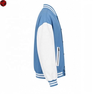 เสื้อแจ็คเก็ต Letterman สีน้ำเงินขาวสำหรับผู้ชาย ทรงเบสบอล คอวี มีซิปและกระเป๋าเสื้อ สำหรับใส่ลำลอง เสื้อแจ็คเก็ต Varsity สำหรับผู้ชาย - Product Image 3