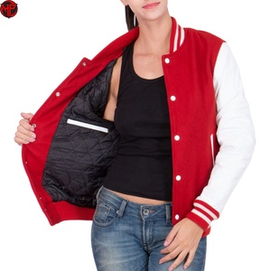 <b>Women's</b> Red <b>White</b> Varsity <b>Jacket</b> Solid Color Woolen Bomber Coat Stand Collar Button Front Winter Outerwear Letterman <b>Jacket</b> - Product Image 3