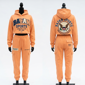 Conjunto de Sudadera Corta y Pantalones Cargo Color Durazno Naranja para Mujer, 320 GSM, Felpa de Algodón, Tela Suave, Estampado Personalizado - Product Image 5