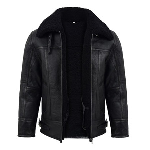 Veste en cuir noir pour homme avec col en fourrure noire, manteau d'hiver en peau de mouton véritable, doublure en polaire chaude, veste de motard - Product Image 3