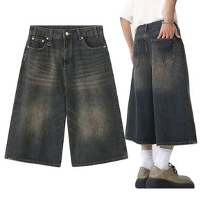 Shorts en jean stretch baggy pour homme, style décontracté, coupe droite, 100% coton, délavé à l'acide, streetwear, style été - Product Image 1