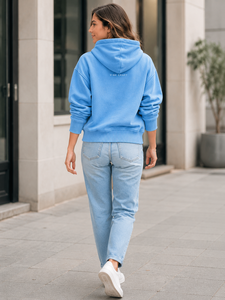 เสื้อฮู้ดผู้หญิงสีน้ำเงิน VIBE CRAFT ผ้าฝ้าย 100% สวมใส่สบาย ทรงหลวม ไหล่ตก ด้านหน้าสีพื้น ทรงปกติ สำหรับฤดูใบไม้ร่วง - Product Image 4