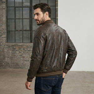 Chaqueta de cuero para hombre estilo bomber, de piel de vaca premium, color marrón, estilo clásico varsity, ropa de abrigo para invierno, cuello acanalado, botones a presión, chaqueta informal. - Product Image 3