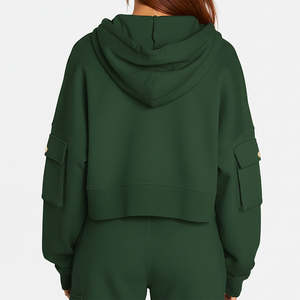 Sudadera con capucha y cremallera de manga larga para mujer, calidad premium OEM, color verde sólido, estilo casual, personalizable. - Product Image 6