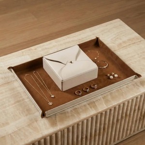Rectangle Leather Jewelry <b>Storage</b> Tray Minimalist Design Single Tier With Lid Table Organizer <b>Brown</b> - Product Image 6