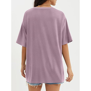 Camiseta de Algodón para Mujer, Talla Grande, Color Sólido, Cuello Redondo, Manga Corta, Corte Holgado, Estilo Casual de Primavera/Verano, Color Morado - Product Image 2