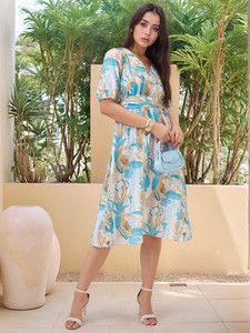 Georgette <b>Summer</b> Midi Dress High Quality Custom Eco-Friendly Natural Waist Elegant Lace Bow <b>Decoration</b> Floral Pattern Short - Product Image 2