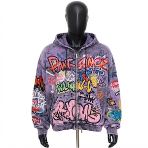 Custom Heavyweight Vintage Zip Hoodie Acid Wash Graffiti Embroidery Streetwear Hoodie OEM Supplier - Product Image 6