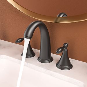 Rubinetto da Bagno Nero Opaco a 2 Maniglie con 3 Fori, Rubinetto per Lavabo con Scarico Pop-Up e 2 Linee di Alimentazione dell'Acqua - Product Image 2