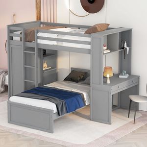 Letto a soppalco singolo con scaffali indipendenti, scrivania e armadio in grigio per bambini - Product Image 3